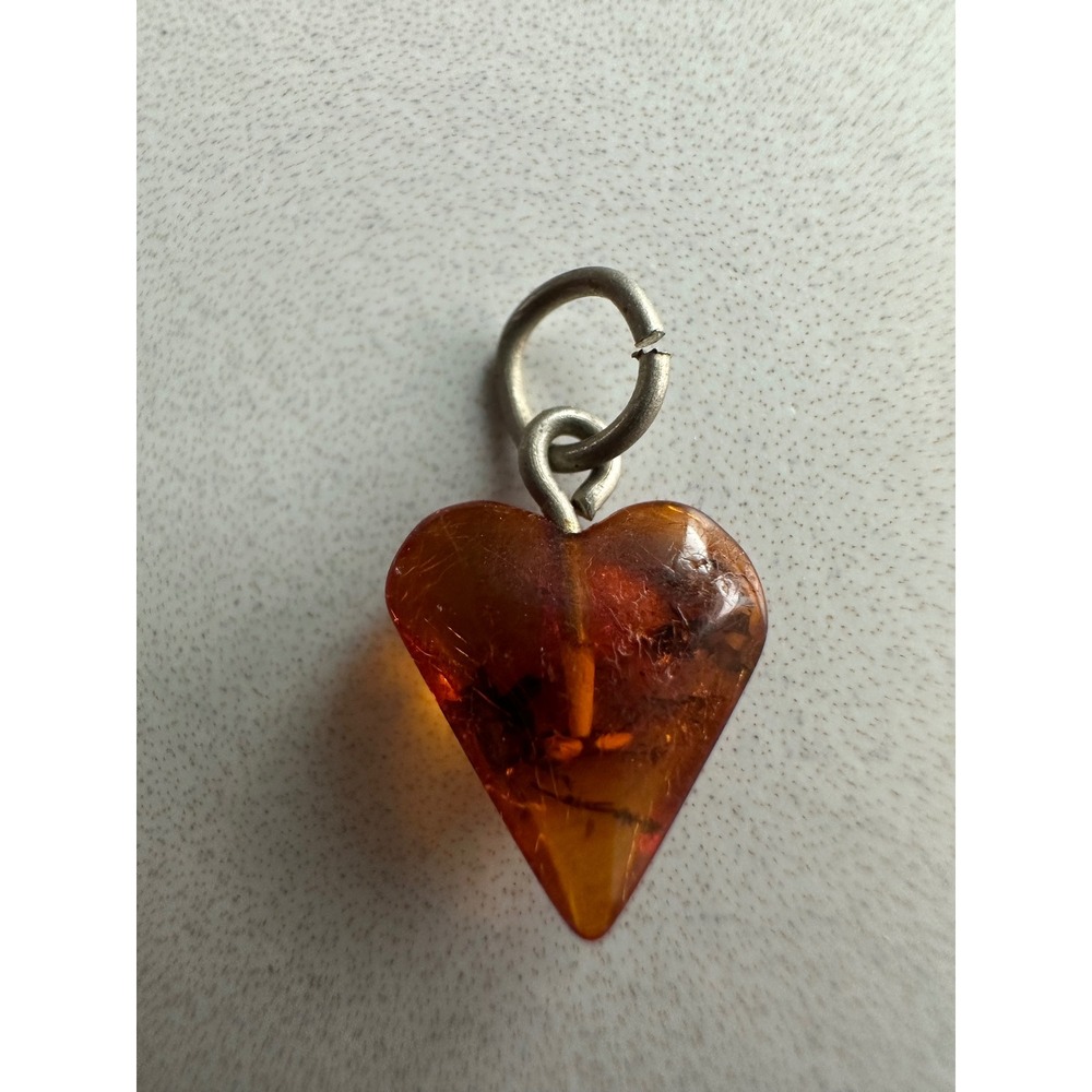 Vintage Baltic Amber Heart Pendant Cognac Honey Brown Puffed Charm Silver Tone